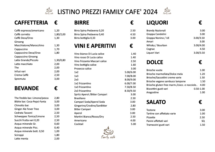 listino prezzi Family Cafè